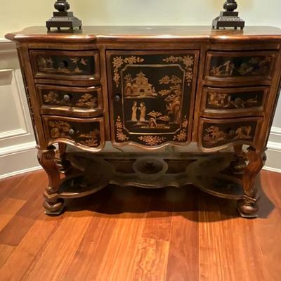 Hollywood Regency Boulle Mazarin Style Hand Painted Chinoiserie Chest Of Drawers