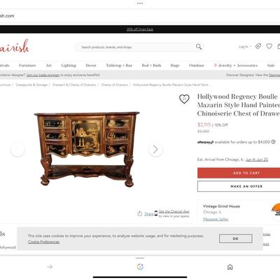 Hollywood Regency Boulle Mazarin Style Hand Painted Chinoiserie Chest Of Drawers