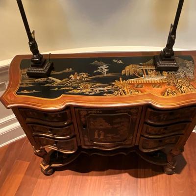 Hollywood Regency Boulle Mazarin Style Hand Painted Chinoiserie Chest Of Drawers