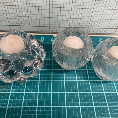 Orrefors raspberry votive & 2 Randsejordglass from Norway votives