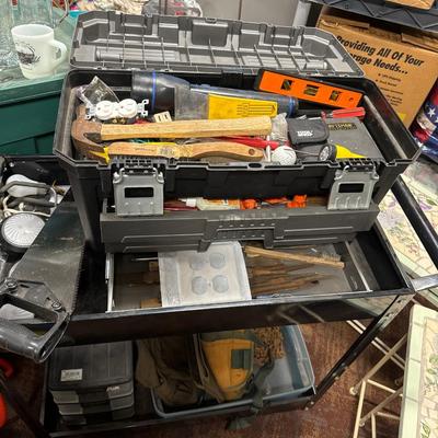 Metal cart with tool box, tools, bags metal chain