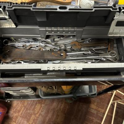Metal cart with tool box, tools, bags metal chain