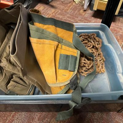 Metal cart with tool box, tools, bags metal chain
