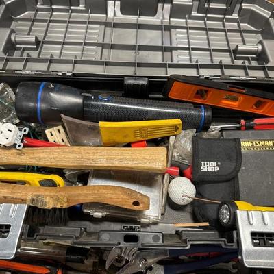 Metal cart with tool box, tools, bags metal chain