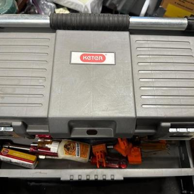 Metal cart with tool box, tools, bags metal chain