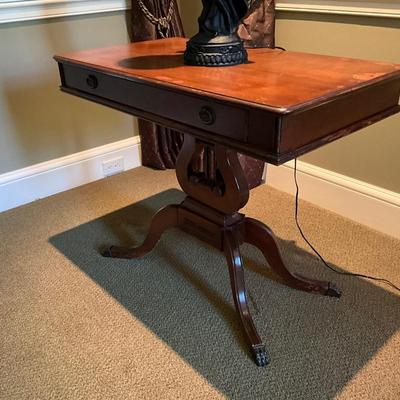 Antique Lyre Base Single Drawer Accent Table