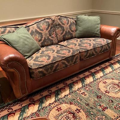 Howard Miller WoodMark Originals Leather And Upholstered Sofa, Chair, And Ottoman