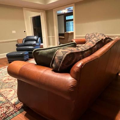 Howard Miller WoodMark Originals Leather And Upholstered Sofa, Chair, And Ottoman
