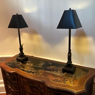 Pair of Black Winged Lion Motif Lamps