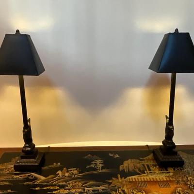 Pair of Black Winged Lion Motif Lamps