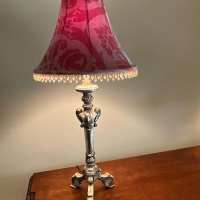 Pair of Crackle Style Designer Lamps With Red Shades