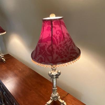 Pair of Crackle Style Designer Lamps With Red Shades