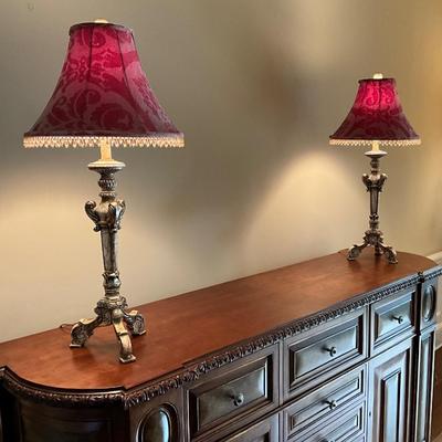 Pair of Crackle Style Designer Lamps With Red Shades