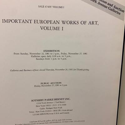 Important European Works of Art Vol.1 Sothebys Auction Catalog Nov. 27, 1981 Illustrated Hardback