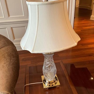 Pair of Etched Cut Crystal and Brass Lamps 30” T Lamps