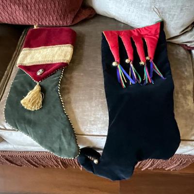 Lot of Christmas Designer Christmas Stockings, Pillow, Metal Angel, and Blue Sky Collection Porcelain Church
