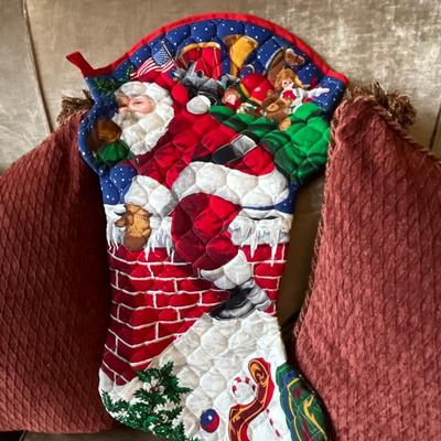 Lot of Christmas Designer Christmas Stockings, Pillow, Metal Angel, and Blue Sky Collection Porcelain Church
