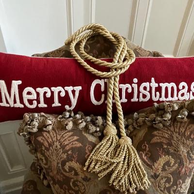 Lot of Christmas Designer Christmas Stockings, Pillow, Metal Angel, and Blue Sky Collection Porcelain Church