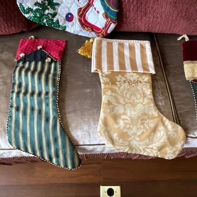 Lot of Christmas Designer Christmas Stockings, Pillow, Metal Angel, and Blue Sky Collection Porcelain Church