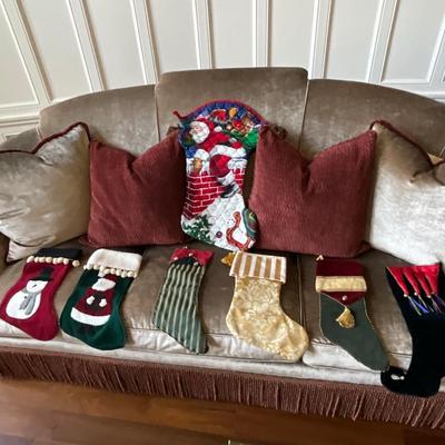 Lot of Christmas Designer Christmas Stockings, Pillow, Metal Angel, and Blue Sky Collection Porcelain Church