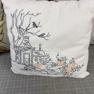 Pillows: Haunted House Hand Embroidered Plus 2 Outdoor Sage Green