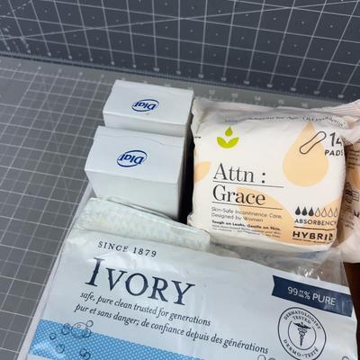 Makeup, Face Cream and Mini Pads, Feminine things; Essential oils too.