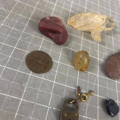 Various Found Objects; Special Lock, Crystals, Token 