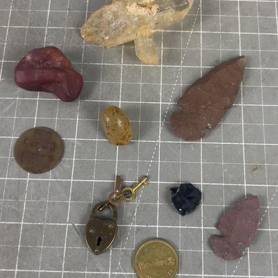 Various Found Objects; Special Lock, Crystals, Token 
