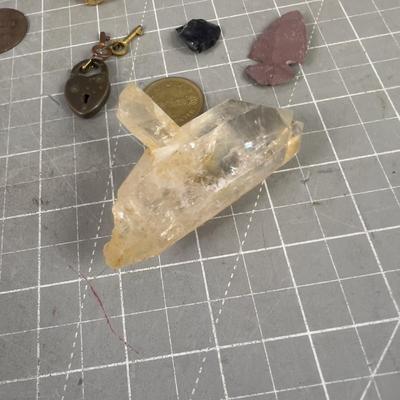 Various Found Objects; Special Lock, Crystals, Token 