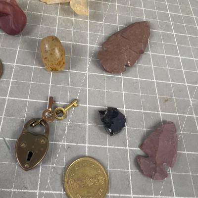 Various Found Objects; Special Lock, Crystals, Token 