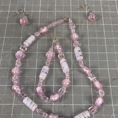 Pink Glass Necklace and Earrings