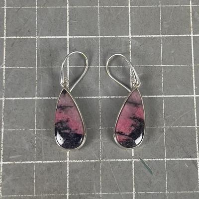 Pink & Black Earrings Sterling Rhodonite
