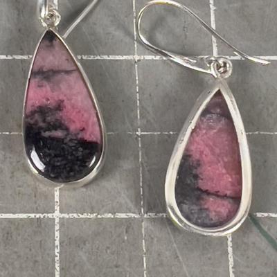 Pink & Black Earrings Sterling Rhodonite