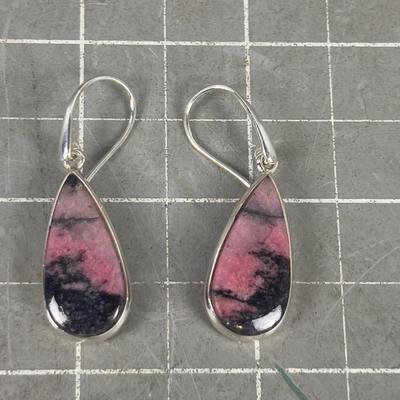 Pink & Black Earrings Sterling Rhodonite