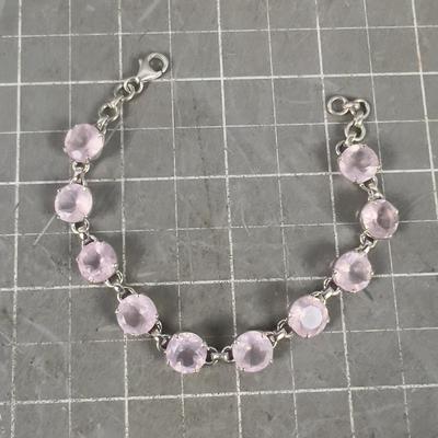 7 Inch Cut Stone Rose / Pink Quartz Set in Sterling Bracelet