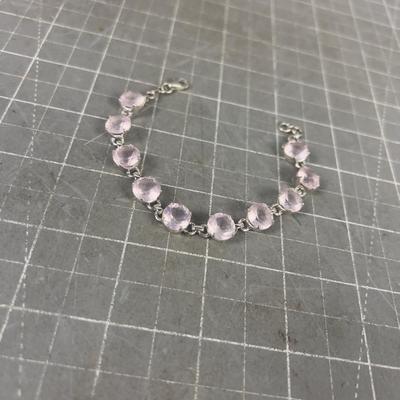 7 Inch Cut Stone Rose / Pink Quartz Set in Sterling Bracelet
