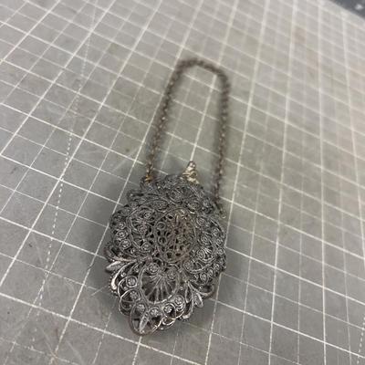 Super Cool Old Silver Sachet or Coin Purse SMALL on a chain, has Hinged Chain 