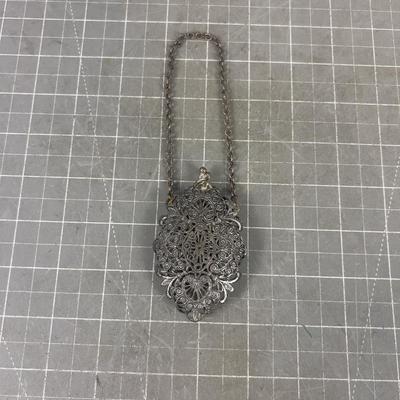 Super Cool Old Silver Sachet or Coin Purse SMALL on a chain, has Hinged Chain 