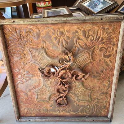 framed antique tin with cross
