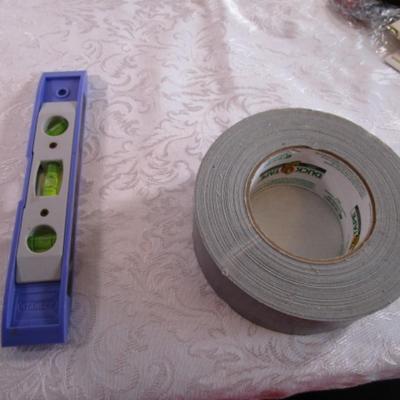 roll of 2" Duck tape, Stanley level 9" x 1-1/2"