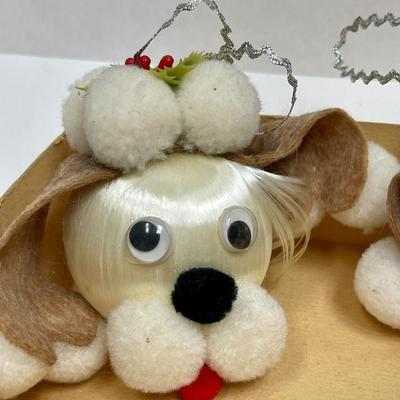 Vintage Mercury Glass Ornaments adorned with felt ears & pom=pom dog faces