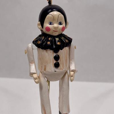 Antique European Wooden String Puppet Harlequin Pierrot Clown Jointed O45NAMENT 4" tall Black White