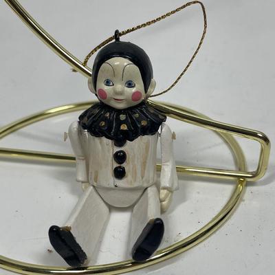 Antique European Wooden String Puppet Harlequin Pierrot Clown Jointed O45NAMENT 4" tall Black White