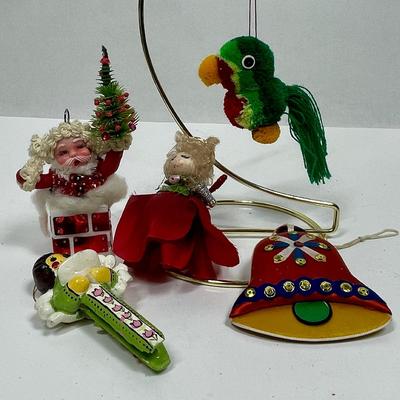 5 pc lot of Vintage Christmas Tree Ornaments - Santa, Parrot, Bell, etc.