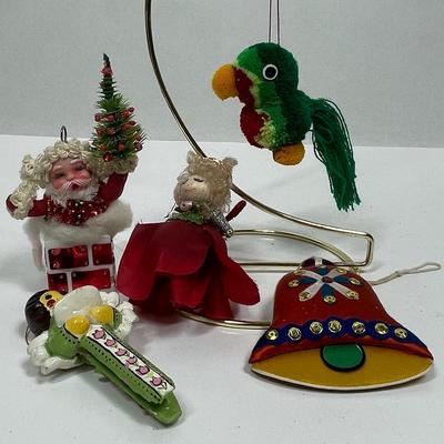 5 pc lot of Vintage Christmas Tree Ornaments - Santa, Parrot, Bell, etc.