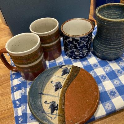 Blue pottery and picnic items