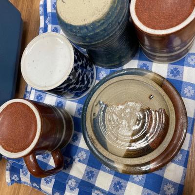 Blue pottery and picnic items