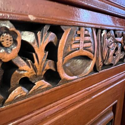 Asian Carved Wood Flatware Chest 4 Drawer + Cabinet