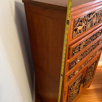 Asian Carved Wood Flatware Chest 4 Drawer + Cabinet