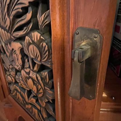 Asian Carved Wood Flatware Chest 4 Drawer + Cabinet